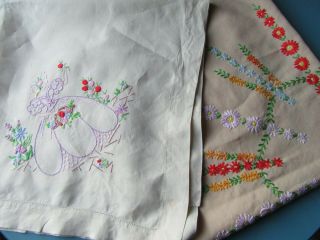 2 Vintage Hand Embroidered Linen Tablecloths,  Floral,  Crinoline Lady Detail