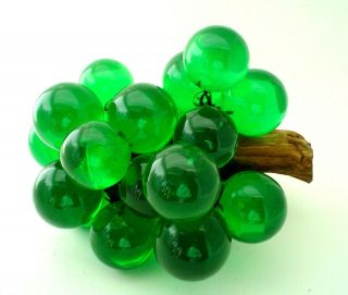 Giant Bunch Of Green Lucite Mid Century Grapes On Wood Stem 8 "