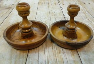 2 Vintage Jerusalem Israel Wooden Hand Carved Candle Holders Stands