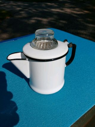 Vintage White Porcelain Metal Coffee Pot With Coffee Basket And Stem,  Glass Top