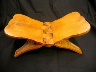 Vintage Wood Carved Book Bible Cookbook Wooden Holder Folding Stand Ornate Cross