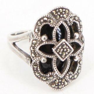 Vtg Sterling Silver - Art Deco Onyx & Marcasite Statement Ring Size 6 - 6.  5g