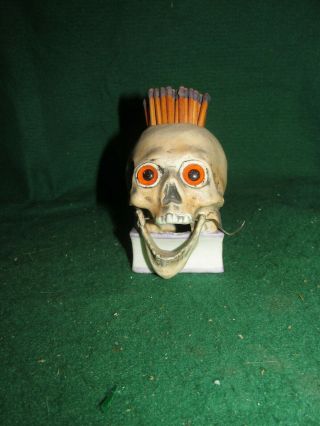 Vintage Bisque Skull Match Holder - Moving Jaw - Paperweight Glass Eyes