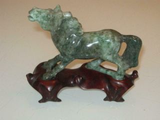 Stunning Antique Chinese Jade Horse On Carved Hardwood Stand