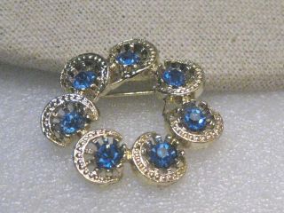 Vintage Sapphire Blue Circle Brooch,  Gold Tone,  1960 