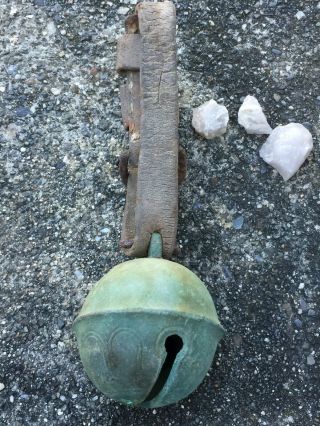 Vintage Antique Brass 3” Sleigh Bell From Estate With Old Leather Strap N/R 2