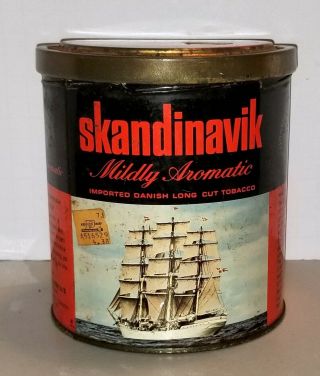 Vintage Danish Long Cut Tobacco Round Tin Can Advertising Skandinavik Schooner
