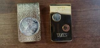 Vtg Money Clips.  1 W/ Fine Silver 2 Gr.  999 Coin,  1 After Taxes Gold Tone