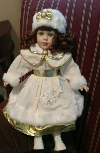 Winter Porcelain Victorian Doll - White And Gold Outfit - With Stand.  Pre - Owned
