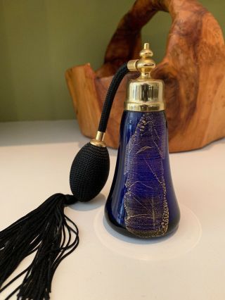 Antique Perfume Atomizer Bottle Cobalt Blue Gold Leaf Vtg Lead Crystal Glass