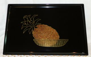 Vintage Couroc Black Serving Tray Wood And Brass Inlay Mid - Century Pineapple Euc