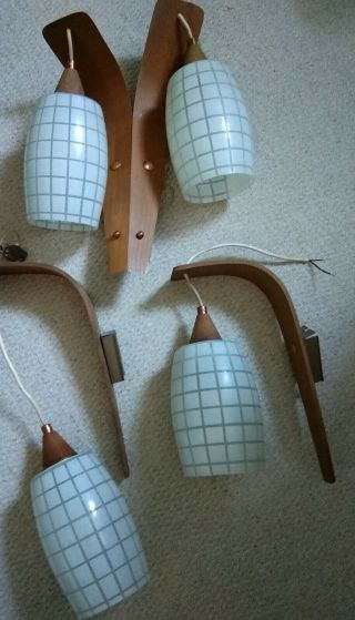 4 Vintage 1960’s Wooden Boomerang Wall Lights With White Checked Glass Shades