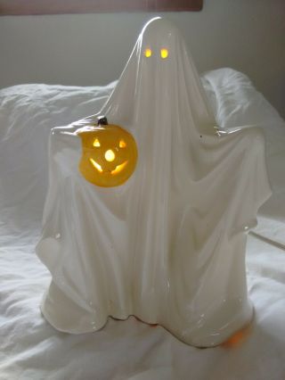 Vintage Ceramic Ghost Holding Pumpkin Light Up Halloween Decoration Byron Mold