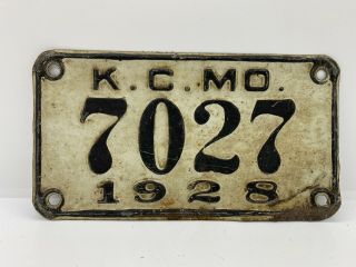 Old Antique Motorcycle Rare Vintage 1928 Kansas City Mo.  Missouri License Plate