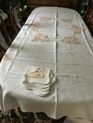7 Pc Vintage Large Table Cloth & Napkins Linen W Hand Done X - Stitch 1960 