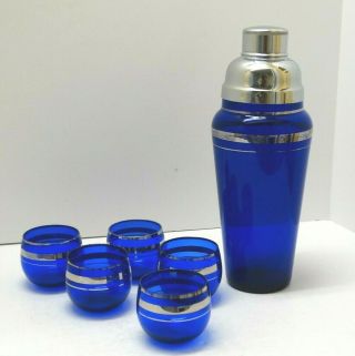 Antique Art Deco Cobalt Blue Silver Band Cocktail Shaker W (5) Roly Poly Glasses