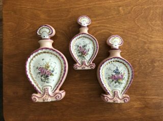 Set Of 3 Antique Vtg Perfume Bottles,  Pink And White Painted Flowers—