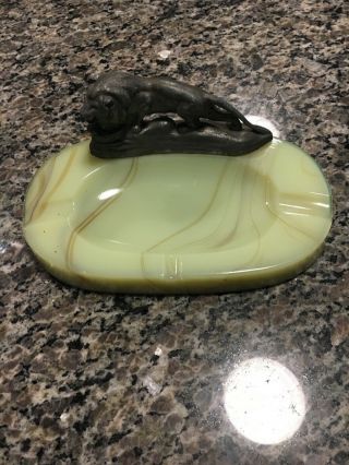 Vintage Art Deco Metal Lion Green Slag Glass Marble Agate Ashtray - All There