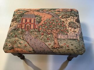 Vtg Powell Tapestry Foot Stool Flip Lid Storage Ottoman Sewing Box Maple Wood