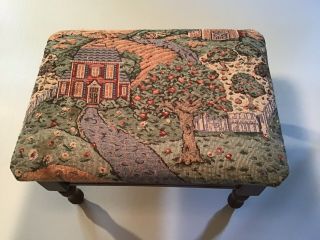Vtg Powell Tapestry Foot Stool Flip Lid Storage Ottoman Sewing Box Maple Wood 2