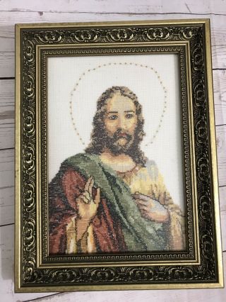 Vintage Father Jesus Christ Prayer Completed Needlepoint Framed 13 " X 9.  5 "