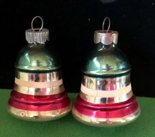 2 Vintage Shiny Brite Mercury Glass Striped Bell Christmas Tree Ornaments
