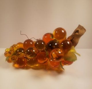 Large Vintage Lucite Acrylic Resin Grape Cluster On Driftwood Stem Amber 12 "
