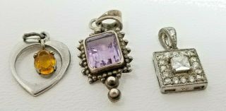 Vintage Set Of 3 Sterling Silver Pendants Purple Yellow With Ring For Chain