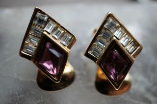 Vintage Christian Dior Baguette Crystal Amethyst Clip On Earrings Pat 2733491