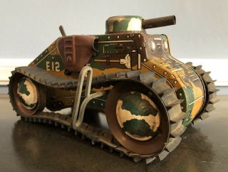 Vintage Marx E12 Tin Litho Wind - Up Army Tank