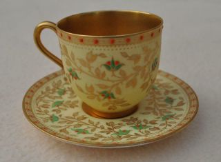 Antique Royal Worcester Porcelain Demitasse Cabinet Coffee Cup & Saucer 1642