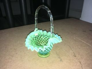 Vintage Fenton Art Glass Lime Green Opalescent Hobnail Small Basket