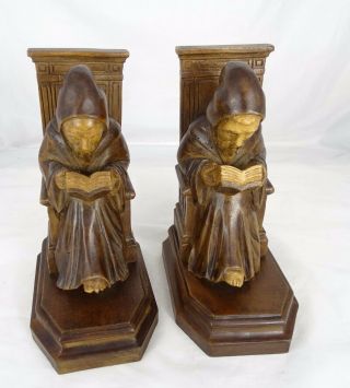 Antique French Carved Wood Bookends - Priest Monks Reading Books