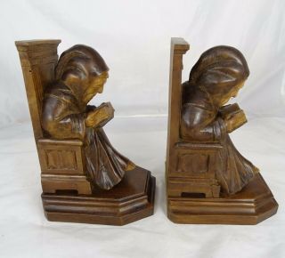 Antique French Carved Wood Bookends - Priest Monks Reading Books 2