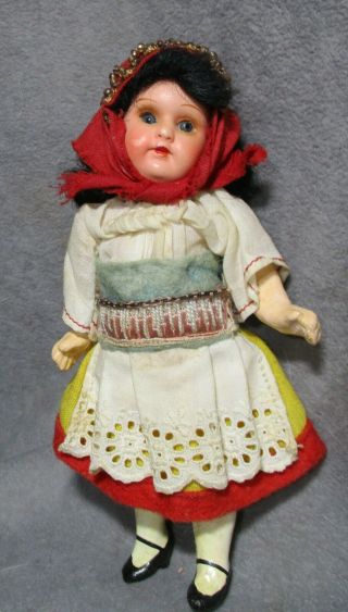 Vintage Miniature Painted Bisque Head Doll - 5.  5 " Girl - 16/0 Germany - Brunette
