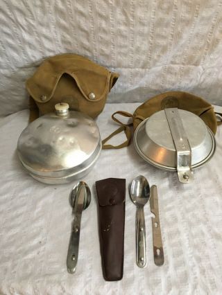 Vintage Boy Scout Canteen,  Cookware,  Utensils.  Fork,  Knife,  Spoon,  Pan,  Bowl,  & Pot