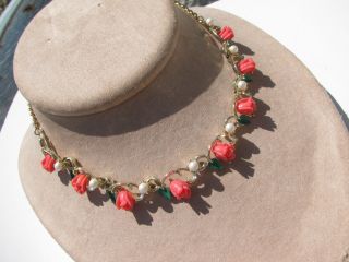 Vintage Celluloid Coral Full Rose Flowers Enamel Leaves Pearls Collar Necklace