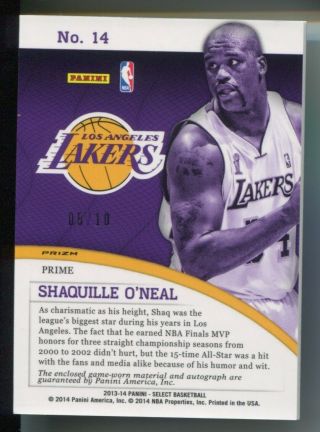 2013 - 14 Shaquille O’Neal Panini Select AUTO PATCH GOLD PRIZM 5/10 Lakers HOF 2
