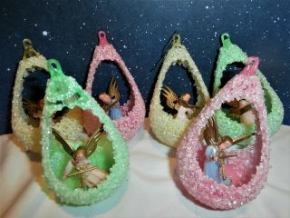 Vintage Christmas Italian Iced Tear Drop Ornament Set Of 6 With Gold Angel