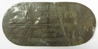 Vintage Blue Valley Creamery Co.  Brass Cream Milk Can Metal Tag Mangum,  Oklahoma