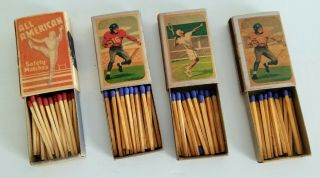 4 Vintage Match Boxes With 3 Football Players & 1 Tennis Player Circa 1950 