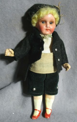 Vintage Miniature Painted Bisque Head Doll - 5.  5 " Boy - 16/0 Germany - Blonde