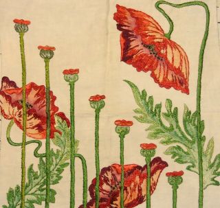 Antique Arts & Crafts Stickley Era Mission Embroidered Linen Poppy Pillow Case