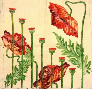 Antique Arts & Crafts Stickley Era Mission Embroidered Linen Poppy Pillow Case 2