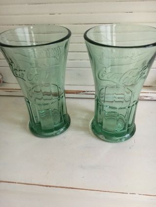 Two Vintage Coca - Cola Drinking Glasses Coke Heavy Flared Rim Green Libby