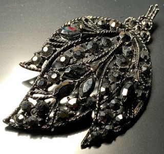 Vintage Brooch Pin Large 3.  5” Leaf Dark Metal Black Mourning Glass Marquise