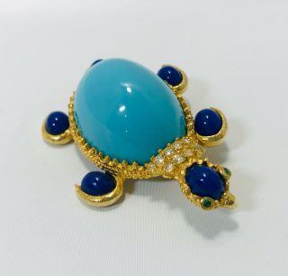 Vintage Pauline Rader Turtle Brooch Gold Tone Robins Egg & Royal Blue Cabochon