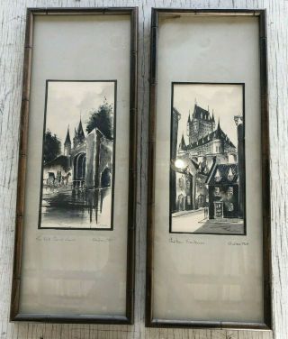 Mid Century Modern Print Pair Wall Art Hanging Vintage Watercolor Quebec Canada