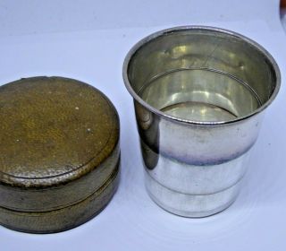 Antique Vintage Cased Collapsible Silver Plated Travelling Drinks Cup