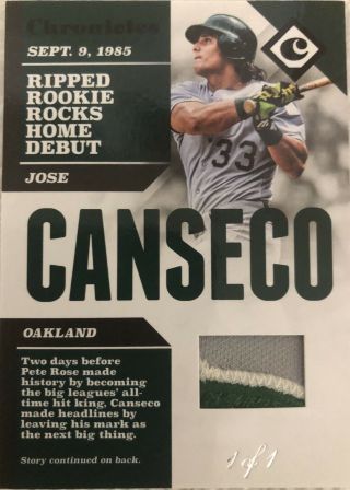 1/1 2017 Panini Chronicles Jose Canseco Rookie Patch Oakland A’s True Fan Club